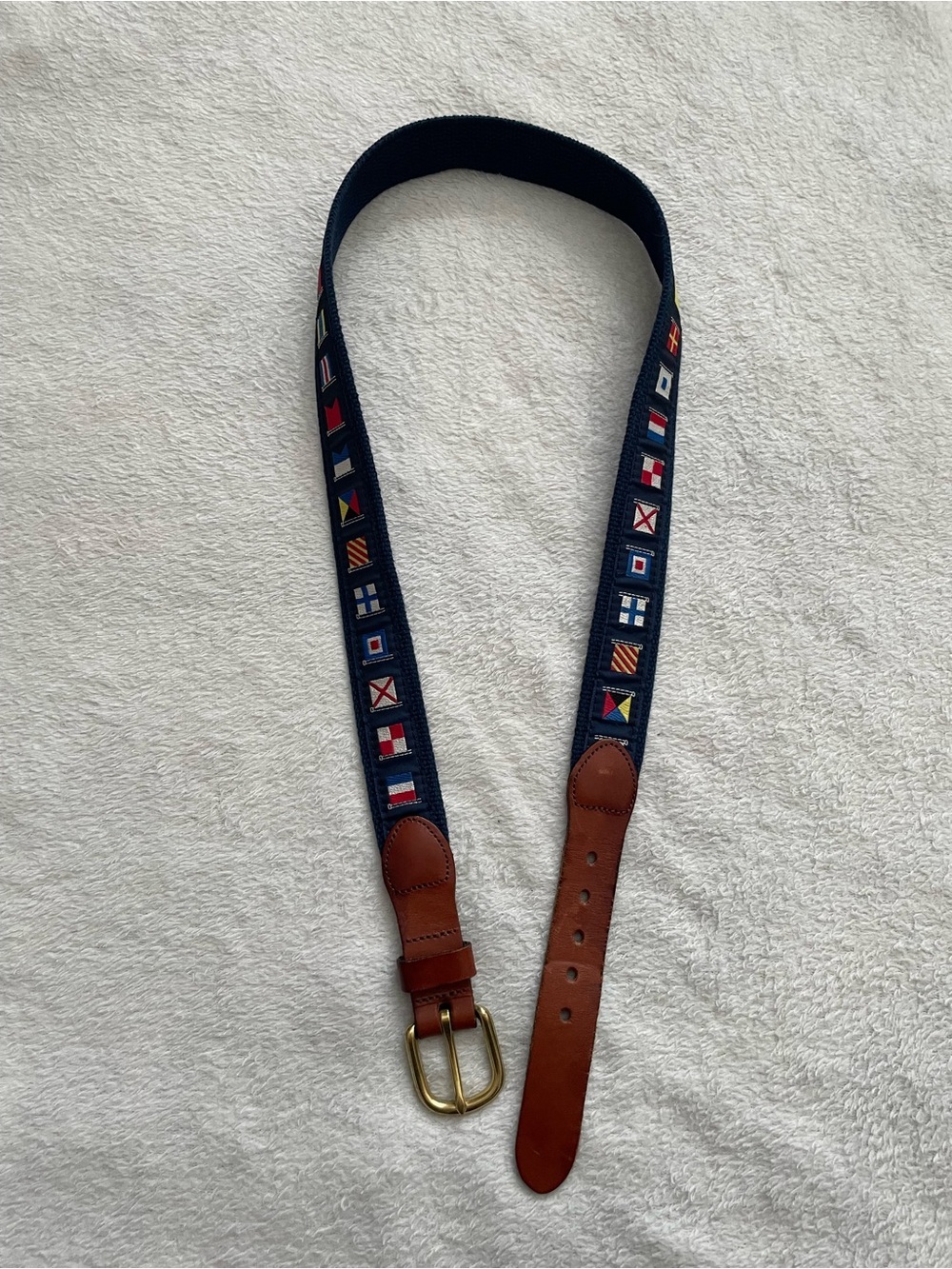 Leather Man Ltd size 36 Navy Flag Embroidered Belt with Brown Top Grain Leather
